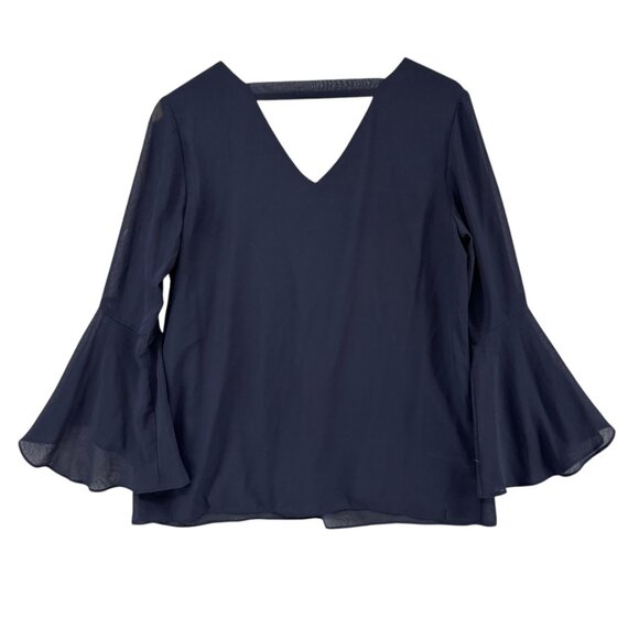 Neiman Marcus Flowy Blouse Womens Navy Blue Long Bell Sleeve V Neck Top Size S - Picture 1 of 10